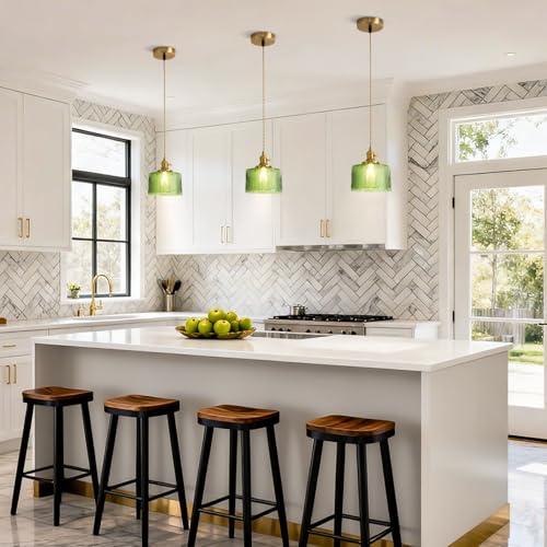 Image of Green Glass Pendant Lights Kitchen Island Lighting | Modern Gold Ribbed Pendant Lighting Adjustable Farmhouse Chandelier Haning Light for Dining Room Bedroom Hallway Entryway