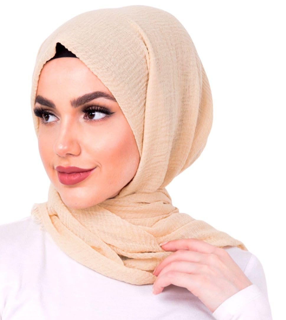 Shoes Lane Women's Cream Maxi Long Crinkle Frayed Edges Crimp Mix Cotton Scarf Hijab Shawl Wrap (Cream)