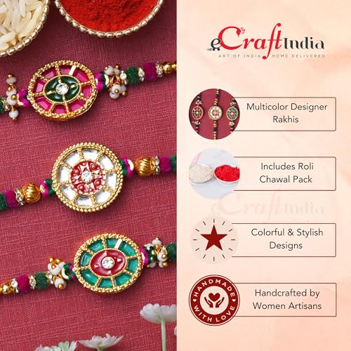Image of eCraftIndia Set of 3 Multicolor Designer Rakhis, Best Bro Ever Fridge Magnet with Roli Chawal Pack - Rakhis for Brother, Bhabhi, Kids
