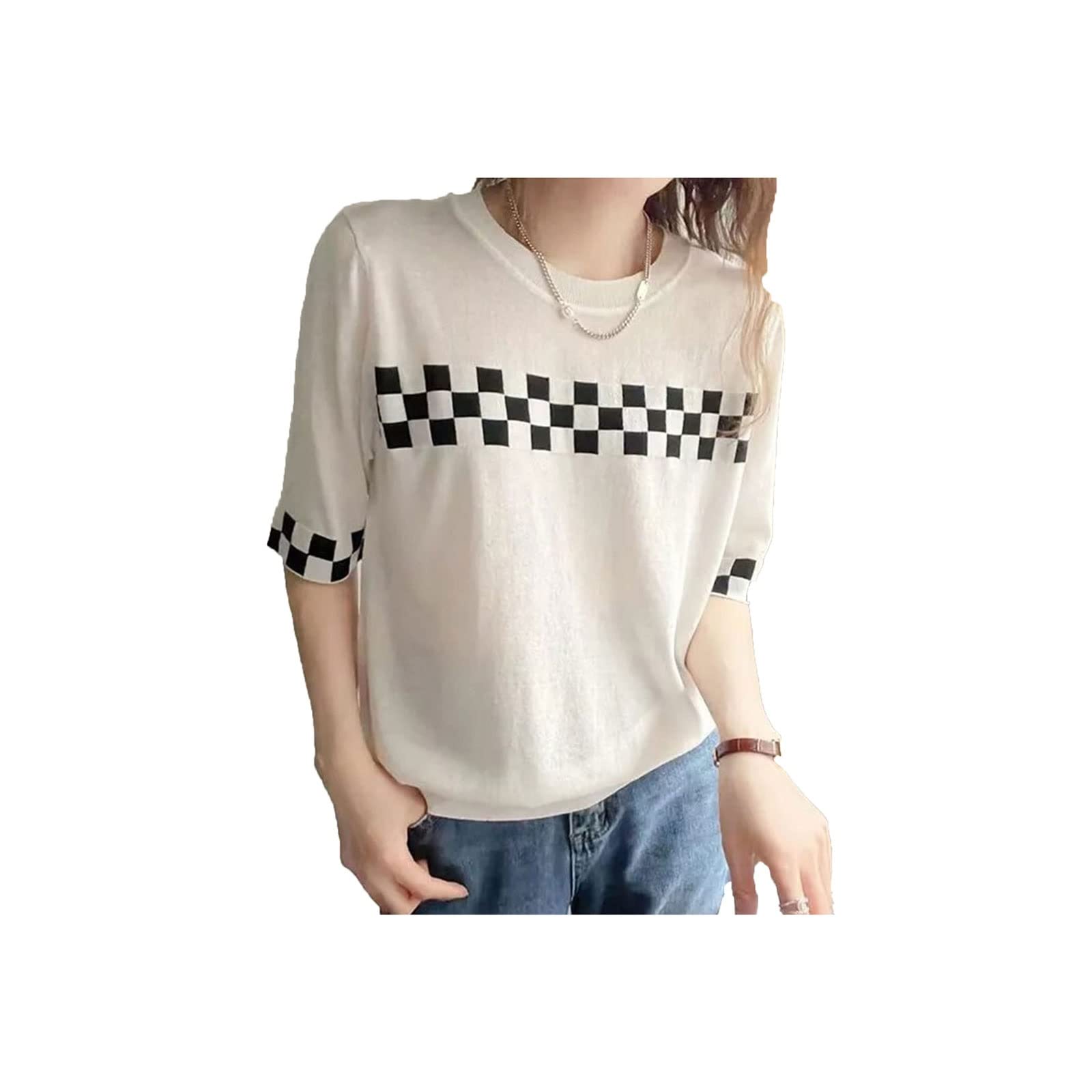 ZOKIVAZOKIVA Women's T-Shirts, O Neck Knit Tops T Shirt Women Short Sleeve Tshirts Female Tees Shirt Summer Casual Clothing