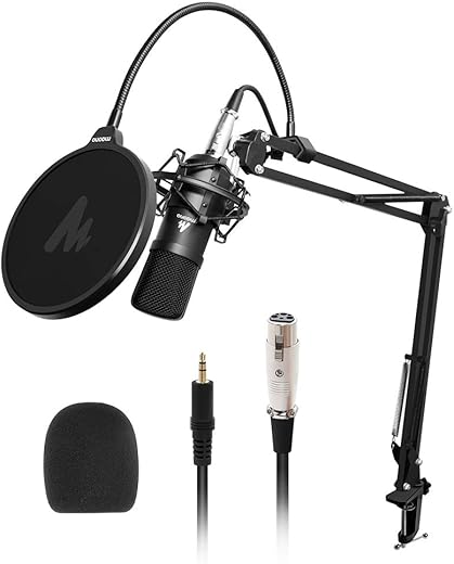 MAONO Au-A03 Condenser XLR Microphone Kit Podcast Mic with Boom Arm XLR Microphone Stand (Black)