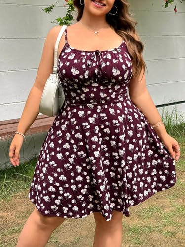 Image of BEAUDRM Women's Plus Size Floral Cami Dress Bow Tie Knot Sleeveless A Line Flared Dresses