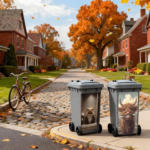 Image of 2 PC Trash Can Sticker 14.57 x 32.28 Inch Funny Highland Cow Design Vinyl Sticker with Toothbrush Newspaper and Mountain Bathroom Pattern for Outdoor Garbage Bin Garden Yard Driveway Home Decor