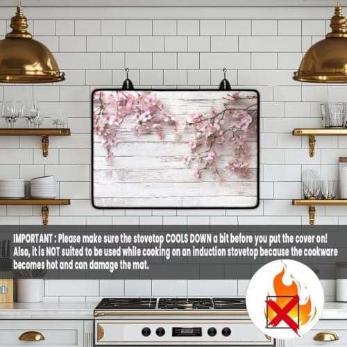 Image of Stove Top Cover Protector for Glass Ceramic Stoves Universal Induction Cooktop Mat Machine Washable Multipurpose kitchen Decor Mat, 29 x 21 Inch, Peach Blossom White Wood Grain