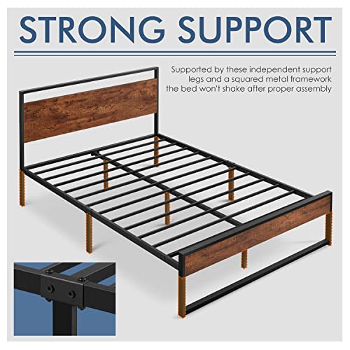 Yaheetech Full Metal Platform Bed Frame With Rustic Wooden Headboard And Footboard, Mattress Foundation/No Box Spring Needed/12 Inch Underbed Storage/Slats Support/No Noise/Easy Assembly, Mahogany #TOP3