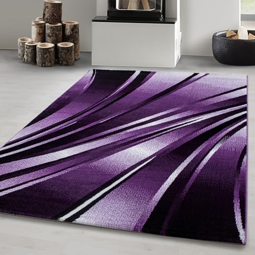 Carpetsale24 Tapis de salon moderne, design abstrait vagues, violet, noir, blanc, 80 x 150 cm, à poils courts, facile d'entretien, extra doux, moelleux,...