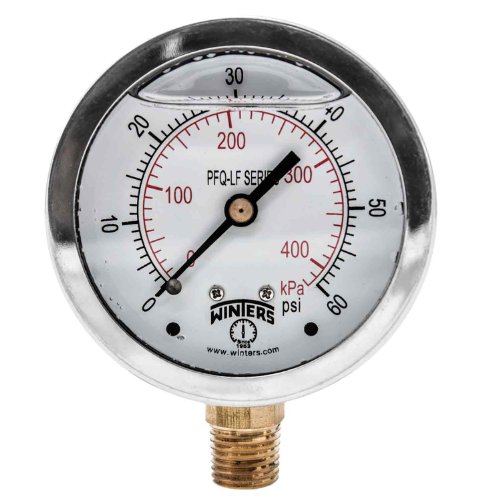 Image of Winters 2-1 /2 inch Dial Size, Liquid Filled Pressure Gauge, Potable Brass Internals, 304 Stainless Steel Case, Dual Scale 0-60 psi /kPa, 1.5% Acc, 1 /4 inch NPT Bottom Mount, Drinking Water Pressure Gauge