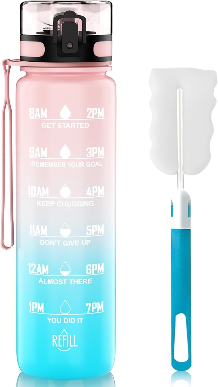 QIVORO 1-liter water bottle, made of BPA-free Tritan material, capacity 1 liter, with time markings, suitable for gym, outdoor activities, and campus use(Pink/Blue).