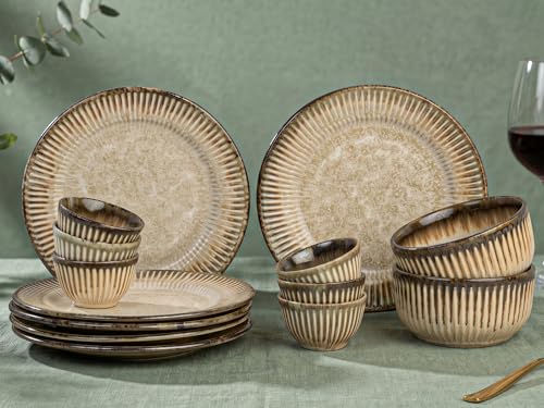 Image of Bodhi House Premium 14-Piece Stoneware Dinner Set Serving for 6 - Handcrafted Ceramic Plates, Bowls & Serving Bowls | Microwave & Dishwasher Safe | Elegant Modern Tableware Crockery Rustic Sand Beige