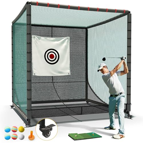 Shopsource 10x10x10Ft Golf Cage with Ball Return Net and Wheels, Metal Frame, Rubber Hose, Golf Hitting Net for Indoor Outdoor Lawn Practice Movable (with 1 Hitting Mat 6 PU Balls 1 tee)