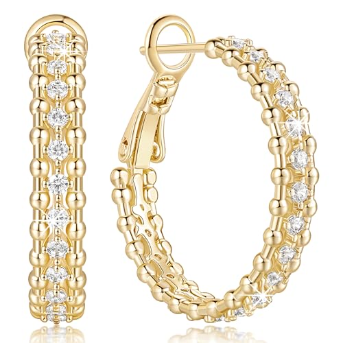 14K Gold Hoop Earrings for Women Gold Hoop Earrings Cubic Zirconia Elegant 14K Hoops Womens Earring 25/30mm