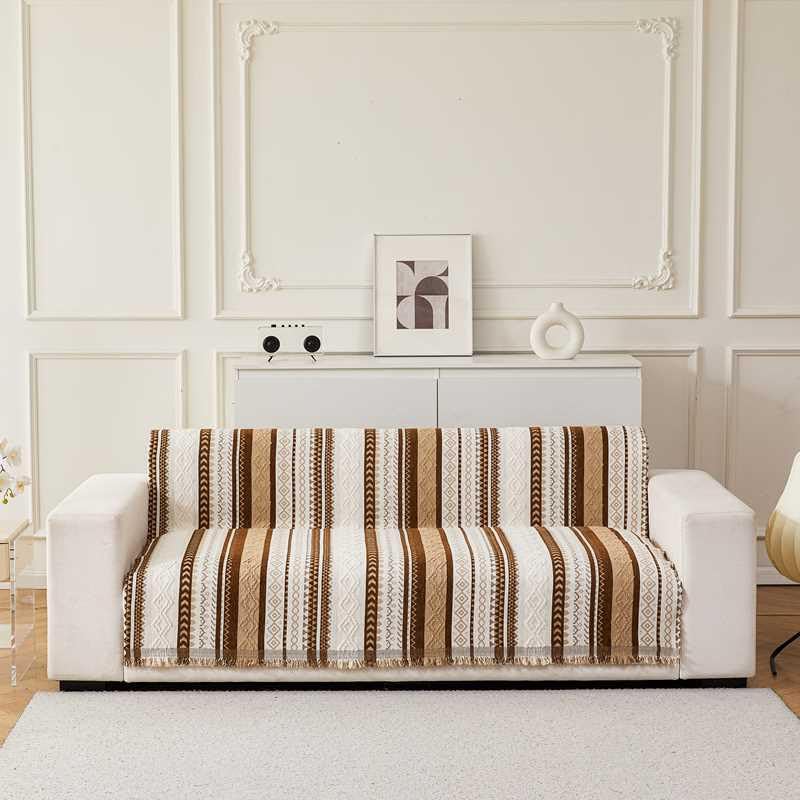 Image of HOMETHREADS Chenille Bohemian Boho Style Sofa Cover | Thick & Soft Luxury Slipcover | Protective, Washable & Stylish Couch Cover for Living Room Decor. (Boho Line Beige, 4 Seater | 200x180cm)