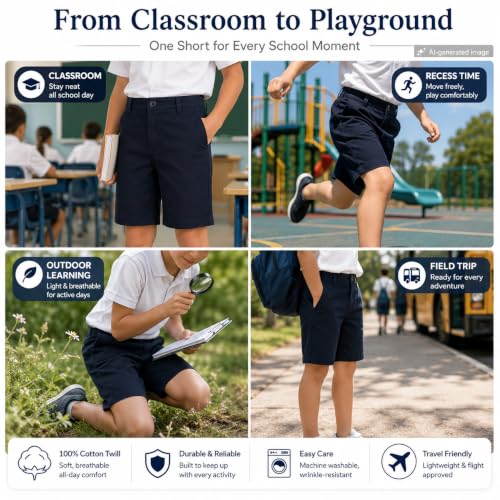 Image of Bienzoe Boys School Uniform Shorts: Flat Front Cotton Bermuda - Adjustable Waist - Breathable for Church Outdoor - Aged 4-13