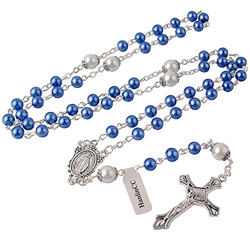 HanlinCC 6mm Glass Pearl Beads First Communion Catholic Rosary Necklace with Metal Gift Box4