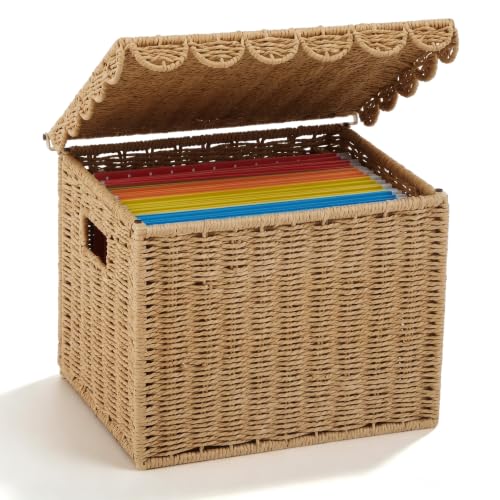 Image of Jingmore File Organizer Box with Scalloped Lid, Paper Rope, Dark Brown
