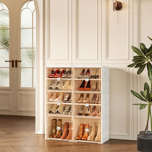 ANTBOX Portable Shoe Rack Organizer for Closet Entryway, Stackable Sneaker Storage Shoe Cabinet with Magnetic Clear Door, Large Plastic Storage containers Bins with Lids 5 Tiers 20 Pairs