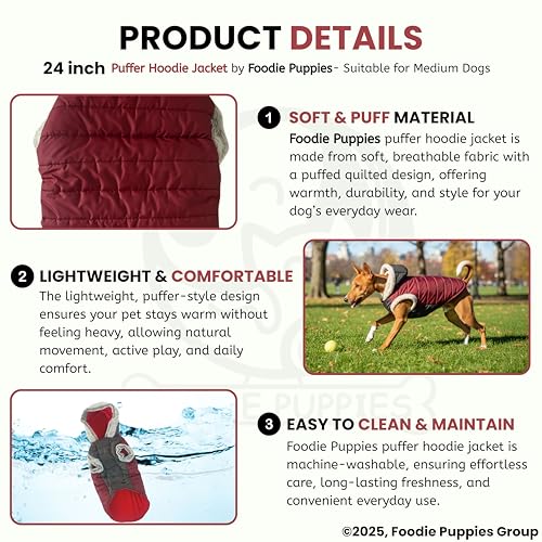 Image of Foodie Puppies Dog Puffer Hoodie Warm Winter Jacket - (Maroon Grey, 24 Inch) for Medium Sized Dogs | Ultra Warm Waterproof & Windproof Fur Coat | Washable Pet Vest Apparel for Cold Weather