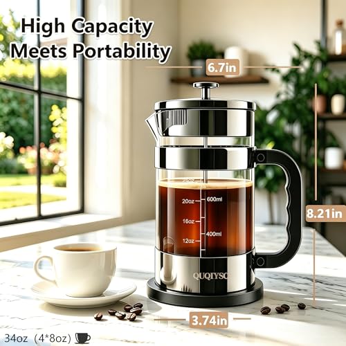 Image of QUQIYSO French Press Coffee Maker 34oz, Thickened Glass Coffee French Press