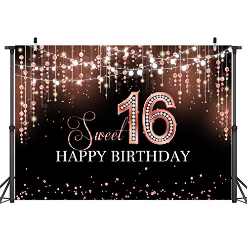 Sensfun Sweet 16 Birthday Party Backdrop Rose Gold Shiny Glitter Dots Diamonds Princess Sweet Sixteen Photography Background Girls Happy 16Th Birthday Decorations Banner Photo Booth Backdrops 10X6.5Ft #TOP1