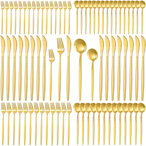 Lanties 90 Piezas Set de Cubiertos Dorados, 18 Juegos Cuberterías Doradas para Juego de 5 Utensilios de Acero Inoxidable Dorado Incluyen Tenedores Cuchillos y Cucharas (Mango de Oro)