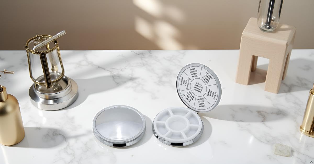 Pillendose 7 Fächer für 1 Woche Versilbert – Ø 8 cm – Premium Silver Plated Medikamentenbox – Edle Pillenbox für 7 Tage
