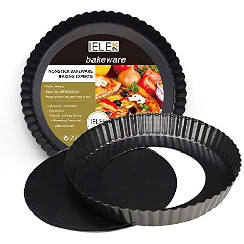 IELEK 12 Inch Non-Stick Tart Quiche Flan Pan Molds Round Removable Loose Bottom Fluted Heavy Duty Pie Pizza Pan Cover