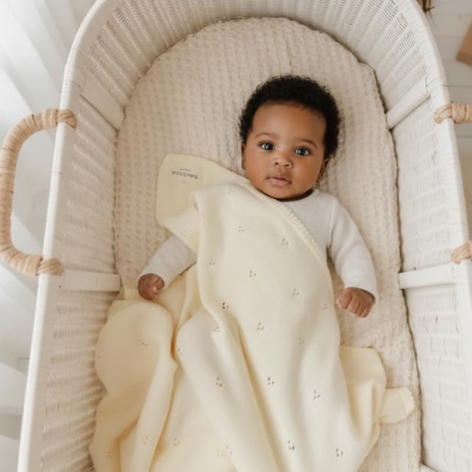Image of 100% Luxury Organic Cotton Pointelle Knit Baby Blanket - Refined Lightweight Heirloom Nursery Essential (Pointelle - Butter Cream)