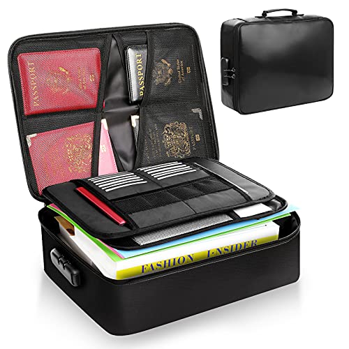 SKYDUE Ducument Organizer Bag with Lock,Fireproof File Box with Handle,Portable Document Safe Filling Box with 3-Layer and Multi Pockets for Important Documents,Paperwork,Passports,Certificates