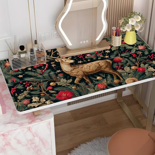 Image of Christmas Deer Forest Desktop Sticker 39.37x23.62In, Vintage Embroidery Style Desk Decal, Easy Clean Table Surface Sticker, Elegant Holiday Decor