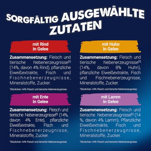 FELIX So gut wie es aussieht Nassfutter für Katzen Geschmacksvielfalt vom Land Vorteilspack, 44 praktische Portionsbeutel, zarte Stückchen in Gelee, 4 leckere Sorten, 100% vollständige Ernährung