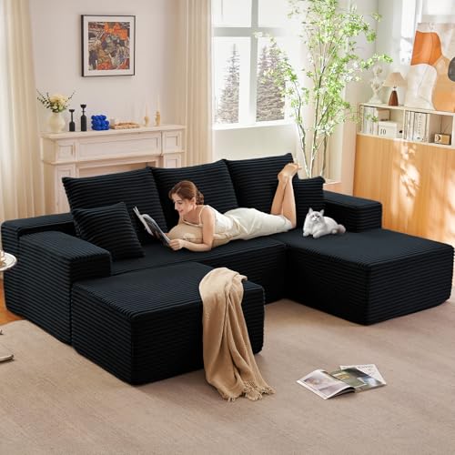 Image of 107 inch Modular Sectional Sofa with Ottoman, Modern Corduroy Cloud Couch with Deep Seat, Boneless Couch Upholstered 3-Seater U-Shaped Sofa for Living Room, No Assembly (Black, Right-Facing Chaise)