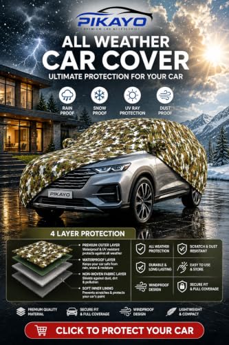 Image of Waterproof Car Body Cover for Suzuki Baleno 1.2 with Mirror and Antenna Slot, Soft Cotton Lining, Triple Stitched (Heat Resistant Metallic Comouflage Jungle with Piping)