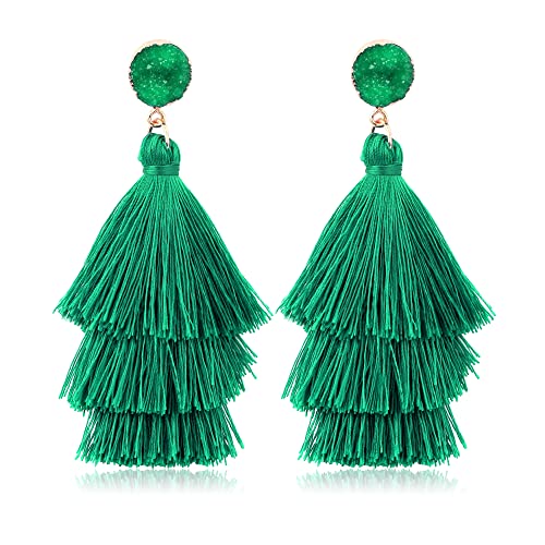 CASSIECA Tassel Statement Earrings for Women Clip On Drop Earrings Colorful Bohemian Tiered Tassel Druzy Dangle Drop Earrings Non Piercing Jewelry Birthday Christmas Valentines Day Gift