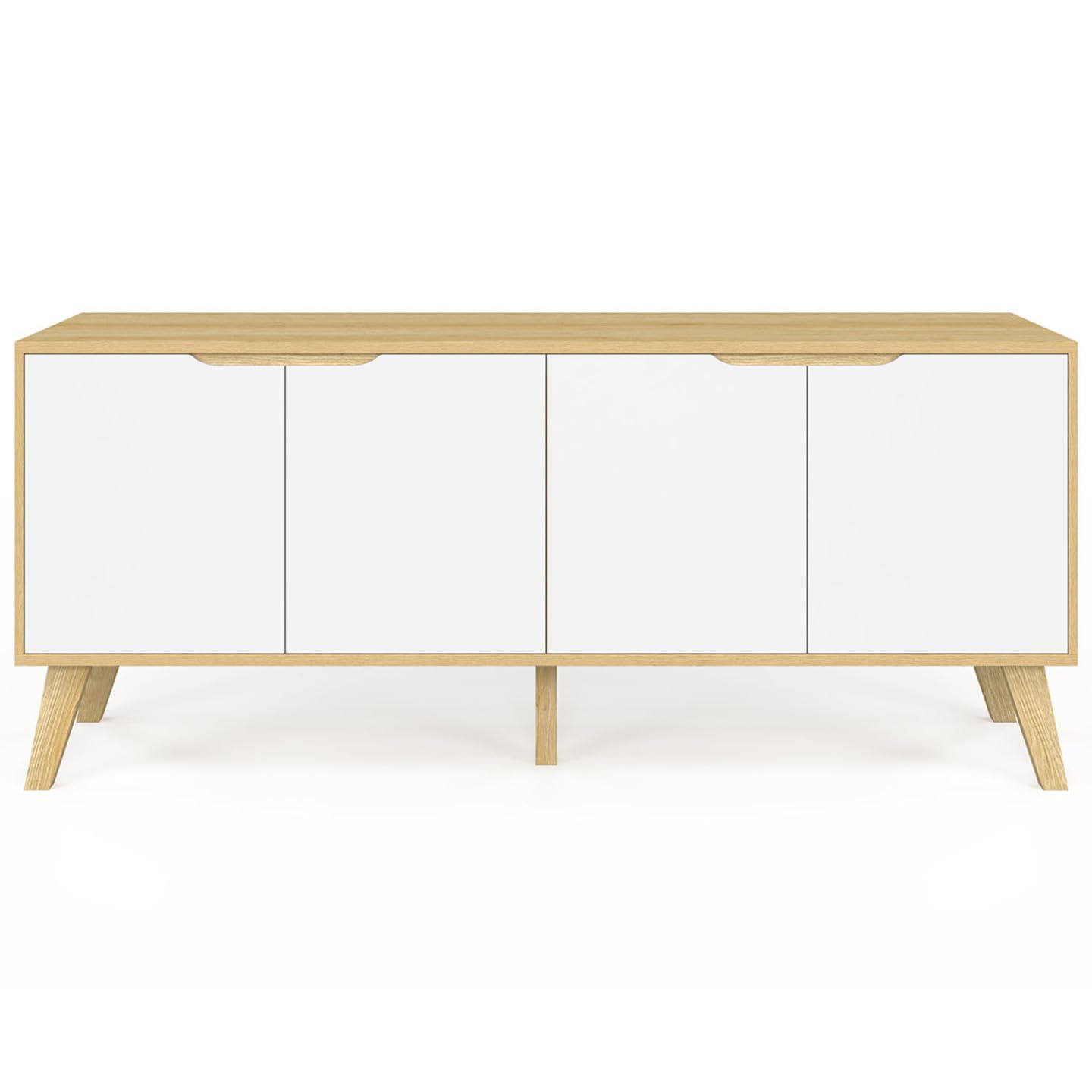 IDMarket - Buffet Bas scandinave 140 cm FINN 4 Portes Blanc et Bois façon hêtre