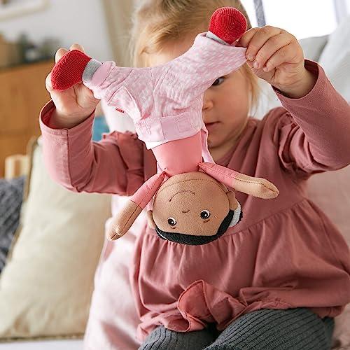 Image of HABA Snug Up Doll Rumbi - 10 inch Soft Doll with Black Hair and Pink Overalls - Machine Washable for 18 Months and Up