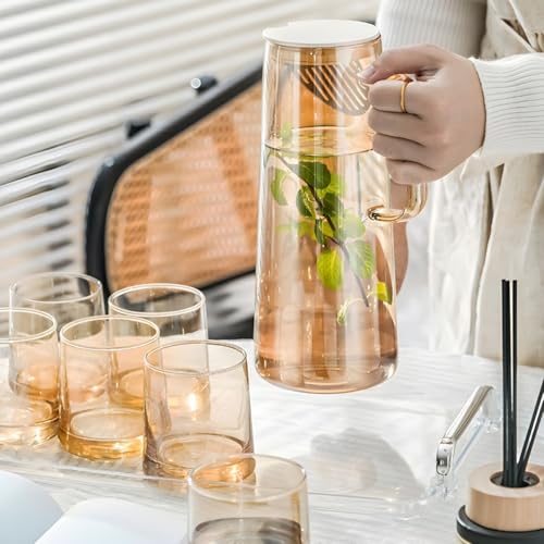 Image of bellemax Italian Premium Water and Juice Glasses Set of 6 and Brown Jug Set Combo,(6 Pieces Glasses 200ML and 1 Water Juice Jug 1.8 Liter) Glass and JugS Set for Dining Table (Modern)