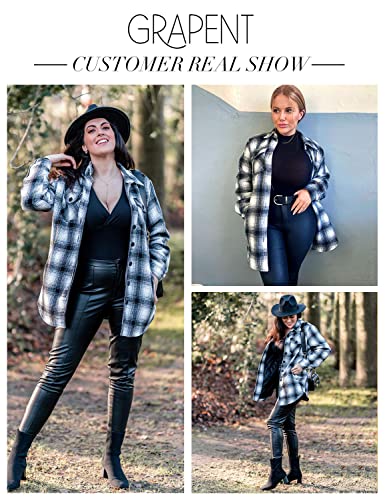 Grapent Women's Casual Oversized Boyfriend Plaid Button Down Long Sleeve Shirt Quilted Lined Shacket Jacket Coat Outerwear Black Color Size Large… #TOP4
