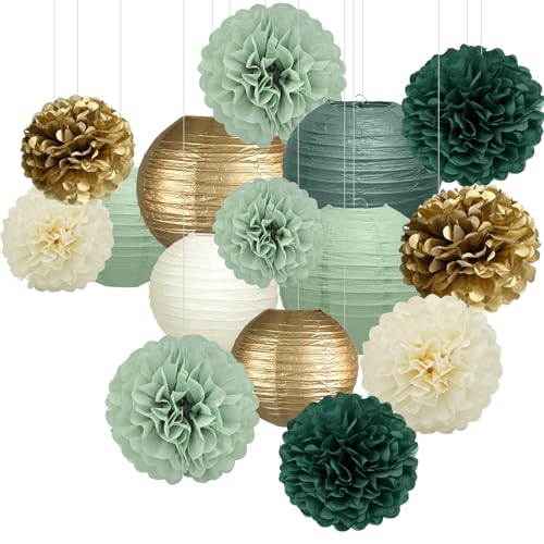 Image of KAXIXI 15-Pack Sage Green Party Decorations, Paper Lanterns & Pom Poms