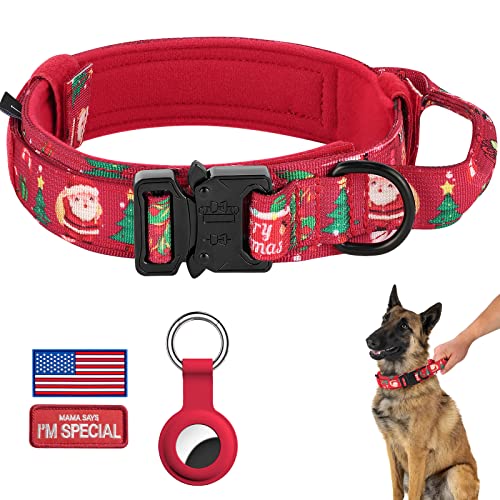 DAGANXI Christmas Tactical Dog Collar, Adjustable Military Training Nylon Dog Collar with Control Handle and Metal Buckle for Medium and Large Dogs, with Patches and Airtags Case (L, Christmas red)