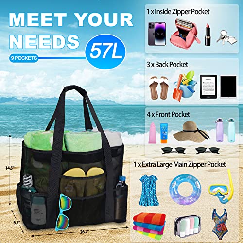 Mesh Beach Bag [Family Set] Extra Large Beach Tote Bag with Zipper Foldable Beach Toy Bag For Sand Toys & Women Vacation Essentials4