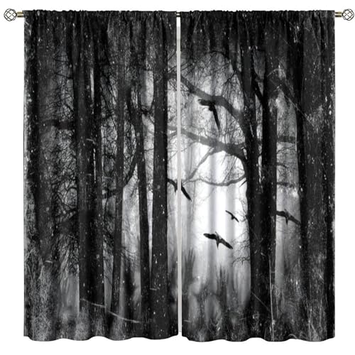 SHElifestyle Gothic Forest Window Curtains, Foggy Mysterious Ghost Forest Crows Window Treatments Halloween Party Dead Black Bats Trees Window Drapes for Bedroom Living Room W42 X L45