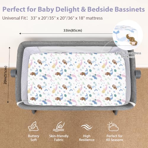Image of Baby Bedside Bassinet Sheets Fitted, 33 inchx20 inch Compatible with Baby Delight Dream On Me & Most Rectangle Bedside Sleeper Bassinet Mattresses, Super Soft Microfiber Purple Mermaid