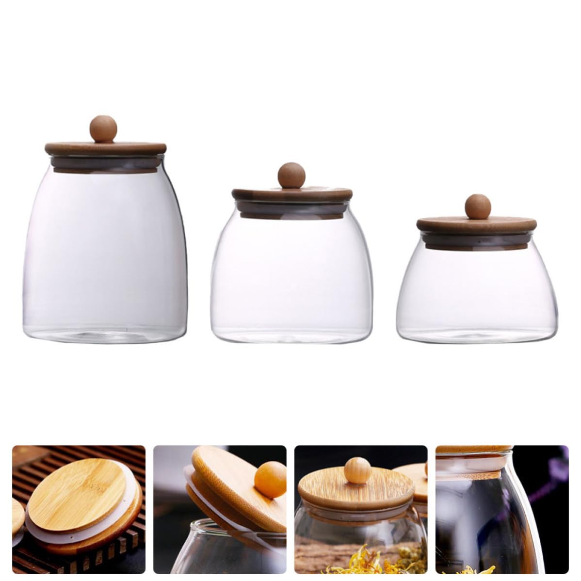 Zerodeko Tarros de Almacenamiento Herméticos de Vidrio y Madera con Tapa, 3 Piezas de Diferentes Tamaños, Diseño Simple para Conservar Alimentos Limpios y Secos en Cocina