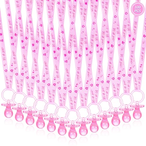Image of 100 Pieces Baby Shower Pacifiers Necklace, Cute Acrylic Pacifier Necklaces for Chupones para Baby Shower Games Charm, Party Favors, Decorations DIY, Gender Reveal Table Scatter(Pink)