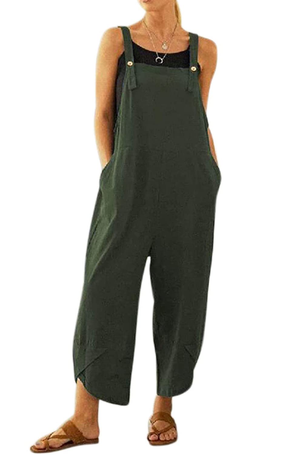 Mzsylk Women's Green-1 Linen Dungarees Overalls Loose Sleeveless Baggy Adjustable Straps Jumpsuit Playsuit With Pockets