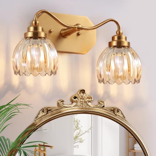 Image of Vintage Gold 2-Light Vanity Lights, Tulip Crystal, Antique Brass Finish | Brushed Gold Bathroom Light Fixtures, Amber Wall Sconce Ideal for Bedroom, Living Room, E26 Compatible, Easy Install