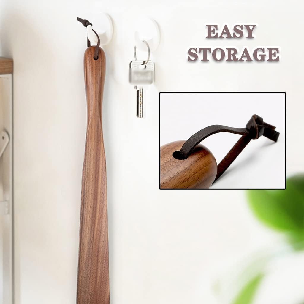 Łapka do butów, Łyżka do butów dla kobiet Buty Drewniany pomocnik krótkich podróżnych, wygodna łyżka ze smyczą, ergonomiczny podnośnik domowych, 2 kolory | Brown Color