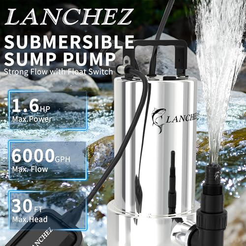 Image of LANCHEZ Sump Pump, 1.6HP High Flow Submersible Water Pump with Float Switch, 6000GPH Automatic Transfer Utility Pump Pump for Swimming Pool Basement Flooded Pit Sewage Sink Tub, Stainless Steel Large