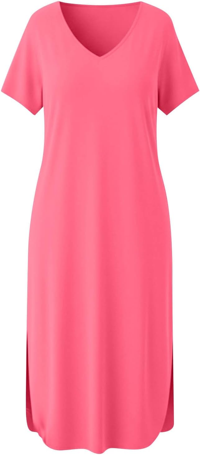 Womens Summer V Neck Short Sleeve Maxi Dresses Casual Loose Fit Side Slit Beach Vacation Shirt Dresss with Pockets