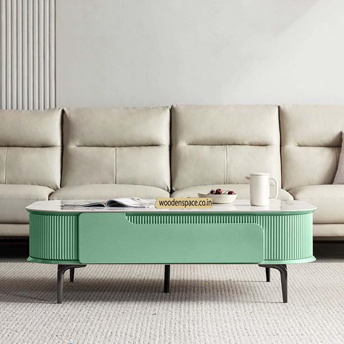 Image of WOODEN SPACE Premium Marble-Top Wooden Center Table for Living Room | Iron Legs | PVD Coating | Modern Entryway Furniture | Coffee Table - 42X24X18 in (Light Green)